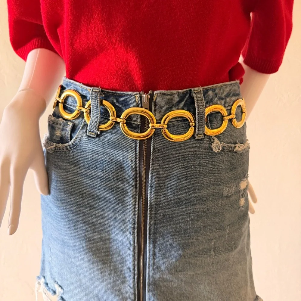 Vintage Women's Gold Oval Link Chain Belt Statement High Shine Metal 30 Inch